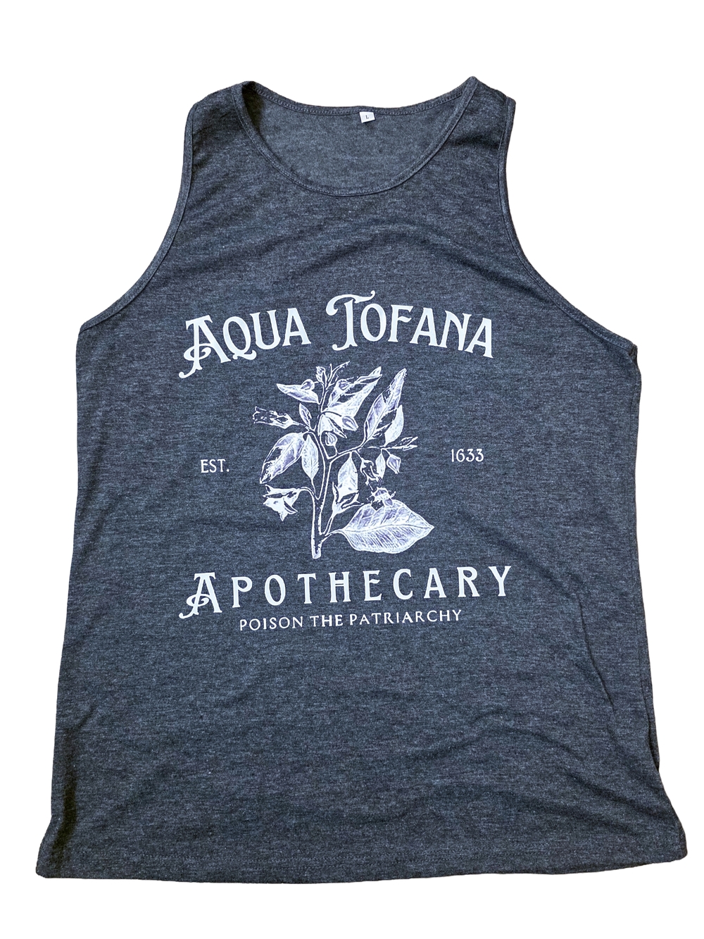 Aqua Tofana Apothecary Graphic Tank Top - Charcoal with White Print